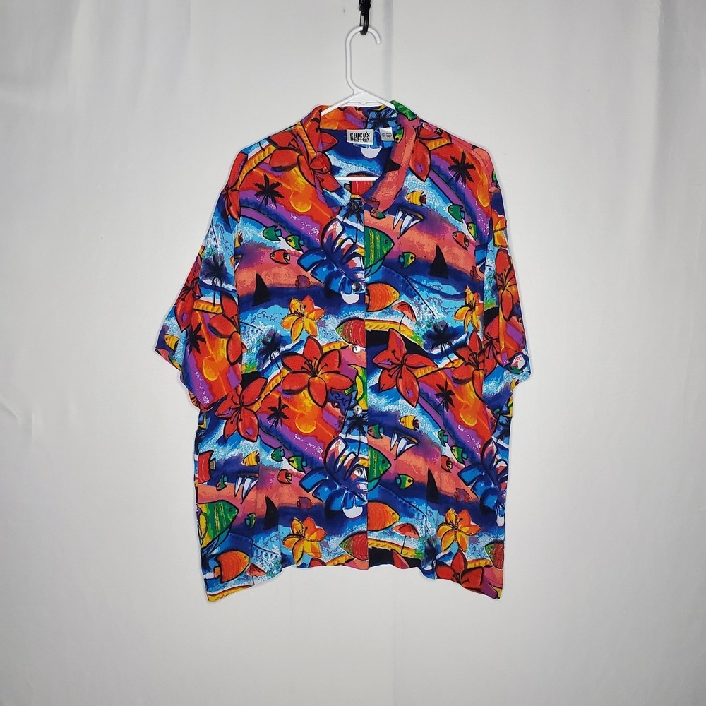 90s Chicos Tropical Button Shirt Women Sz 3 Art To Wear Fish Beaded Rainbow Jams
